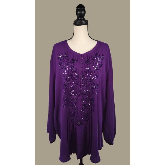 Roaman's Purple Sparkly Pleated Long Sleeve Blouse Size 30W - Picture 1 of 12
